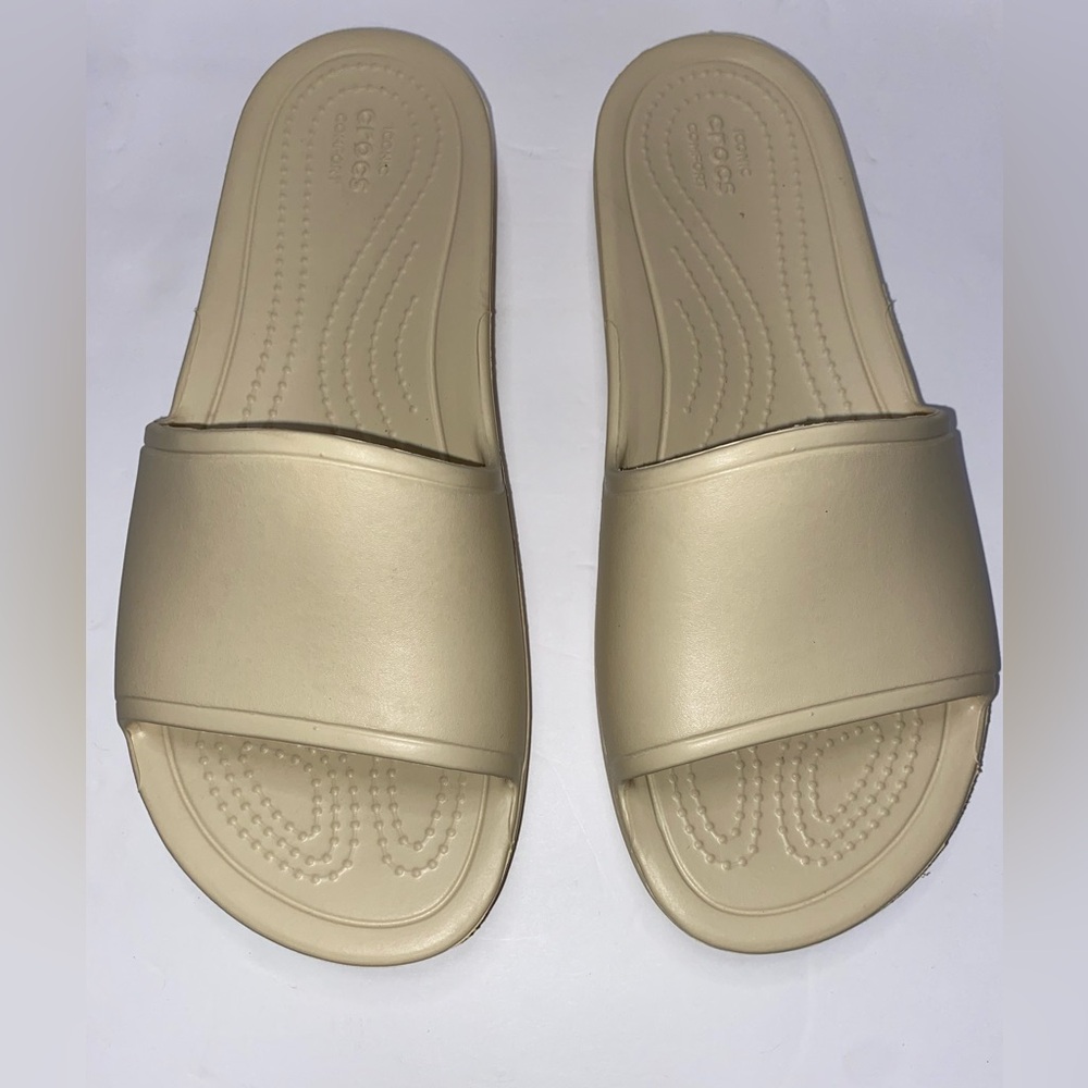 CROCS Women's Beige, Tan Slide Sandals Size 9 NWOT - Picture 2 of 9